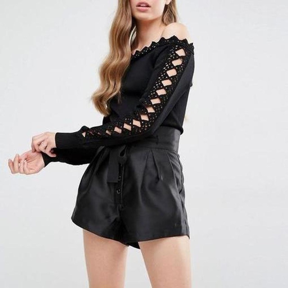 Alice McCall Black Knit City Sounds Crochet Trim Off Shoulder Sweater Top